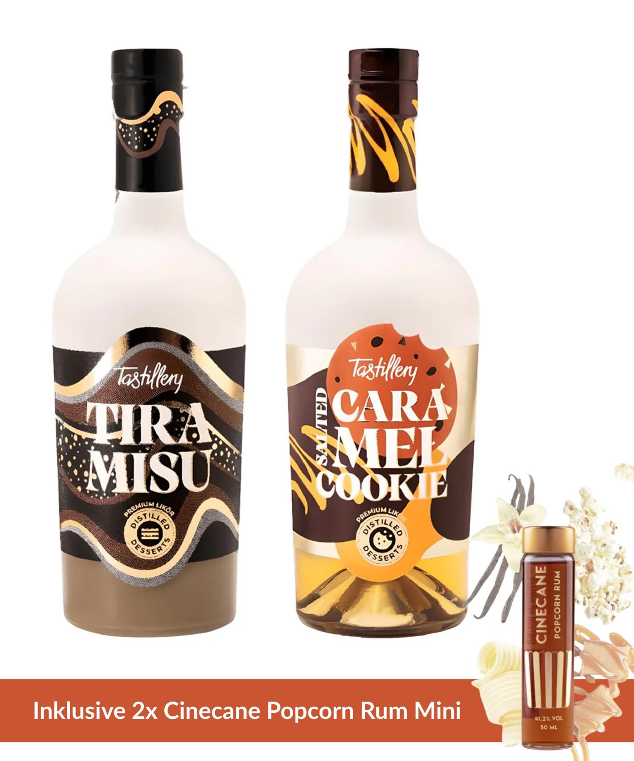 Distilled Desserts Tiramisu + Salted Caramel Cookie inkl. 2x Cinecane Popcorn Rum Mini