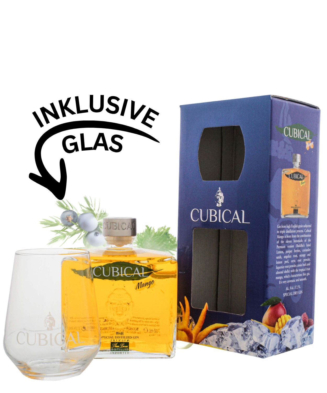 Cubical Premium Special Distilled Mango Gin + Glas